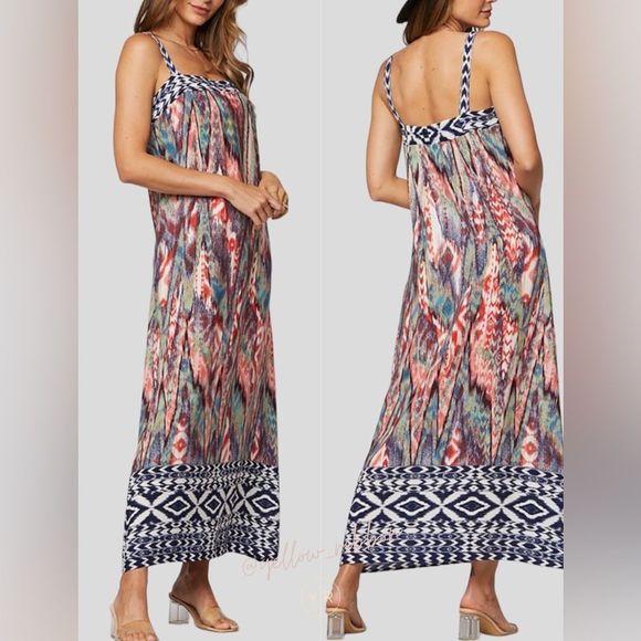 NEW Aztec Print Square Neck Maxi Dress / Summer Vacation - Picture 2 of 4